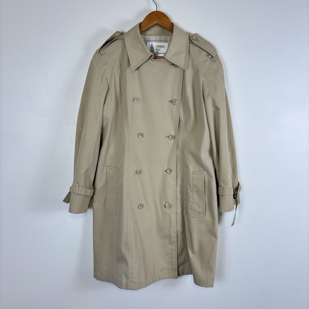VTG London Fog Maincoats Trench Coat Womens 12 Tan Plaid Lined Double Breasted